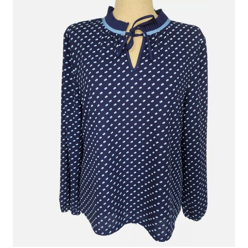 TALBOTS Navy Polka Dot Pleated Tie Neck Long Sleeve Blouse Business Large NWT